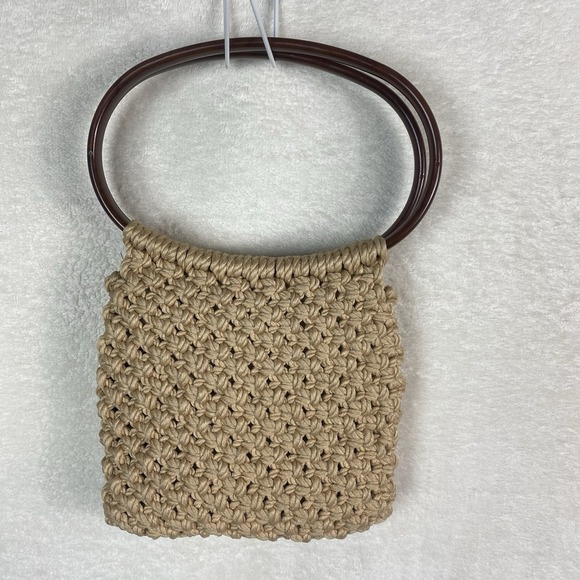 Vintage Cream Handmade Macrame‎ Purse Oval Handle 1970's Bead Crochet Small - Picture 3 of 9